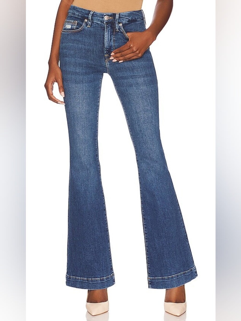 Good American Good Flare High Rise Jeans with Trouser Hem Indigo132 Wash size 16